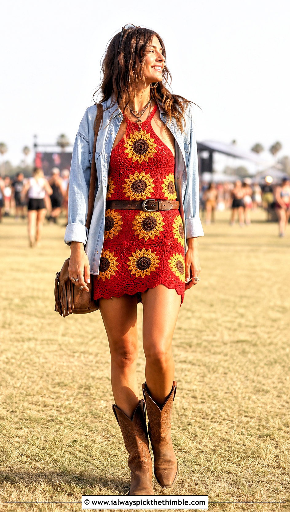 Sunflower Crochet Halter Dress With Western Boots - 25 Crochet Flower Dress outfit ideas