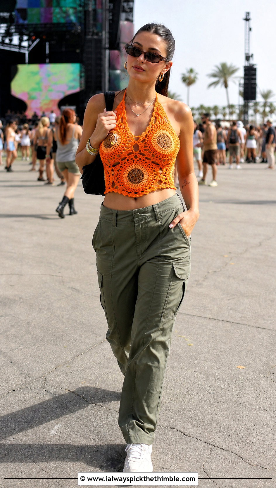 Sunflower Crochet Halter Top With Cargo Pants - 25 crochet flower top outfit ideas