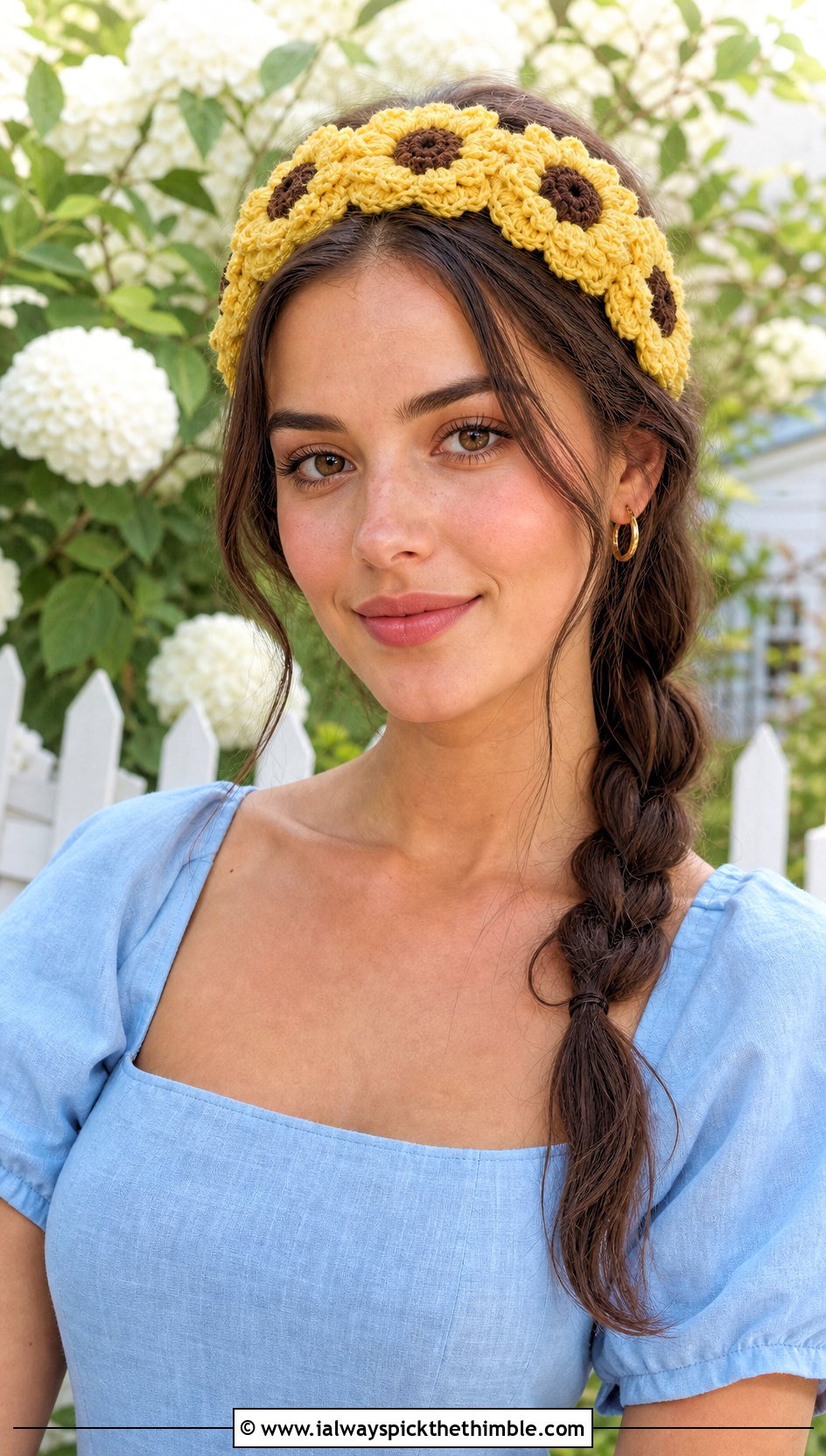 Sunflower Crochet Headband Set With Linen Dress - 15 crochet flower and headband set outfit ideas
