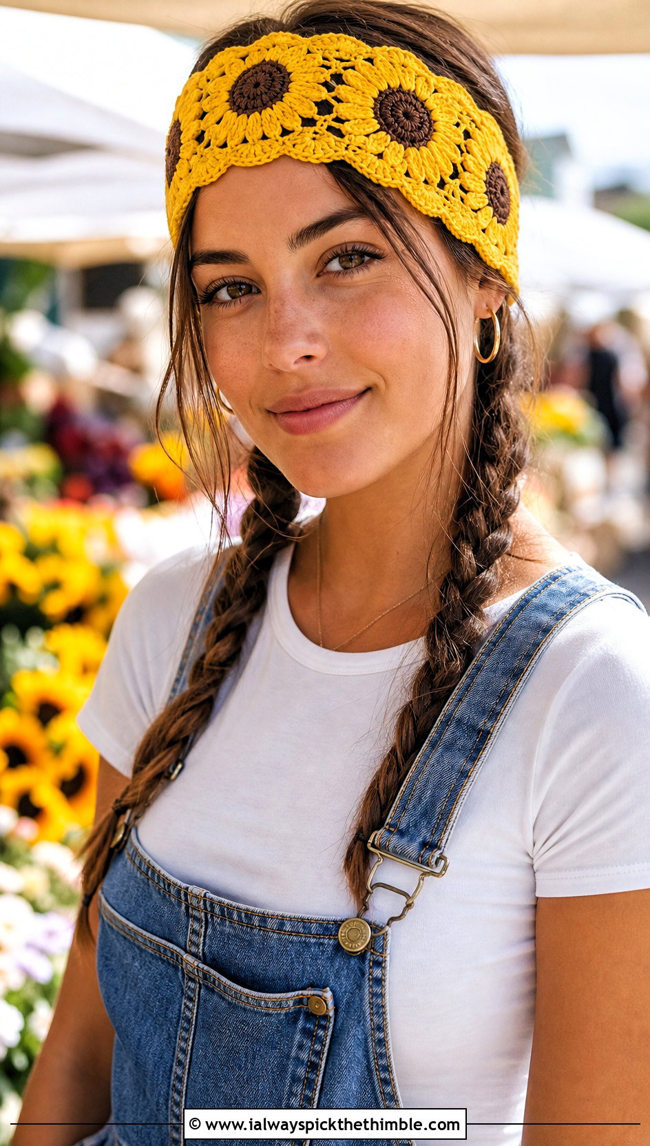 Sunflower Crochet Hippie Headband With Overalls - 20 crochet hippie headband outfit ideas