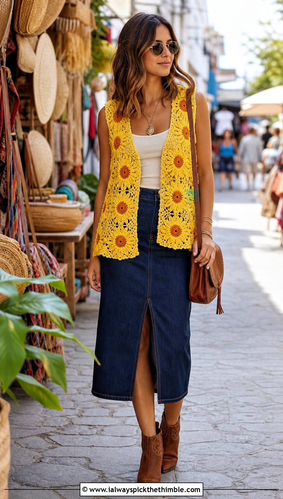 Sunflower Crochet Hippie Vest With Denim Midi Skirt - 20 crochet hippie vest outfit ideas