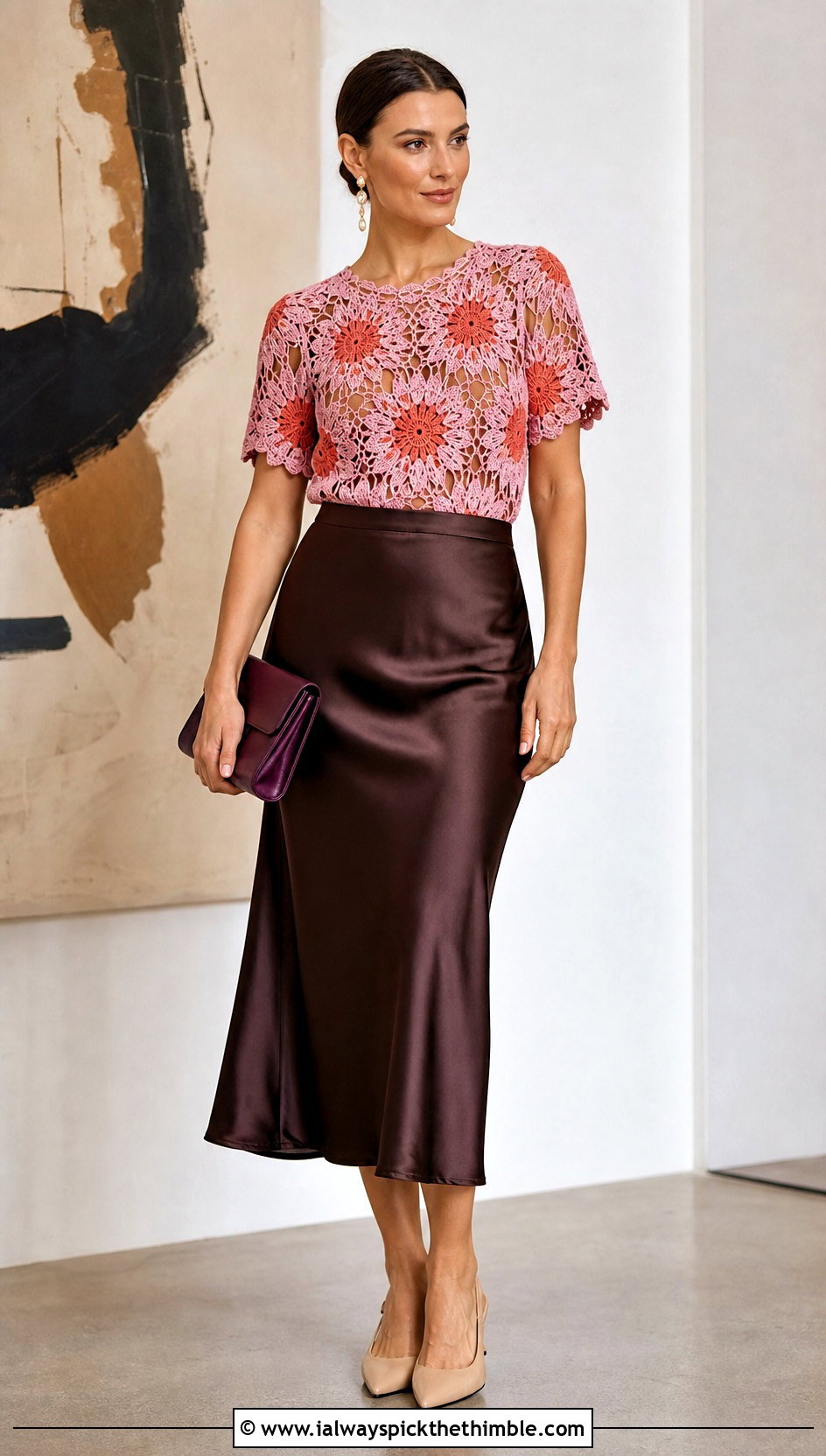 Sunflower Crochet Lace Blouse With Satin Midi Skirt - 25 crochet sunflower top outfit ideas