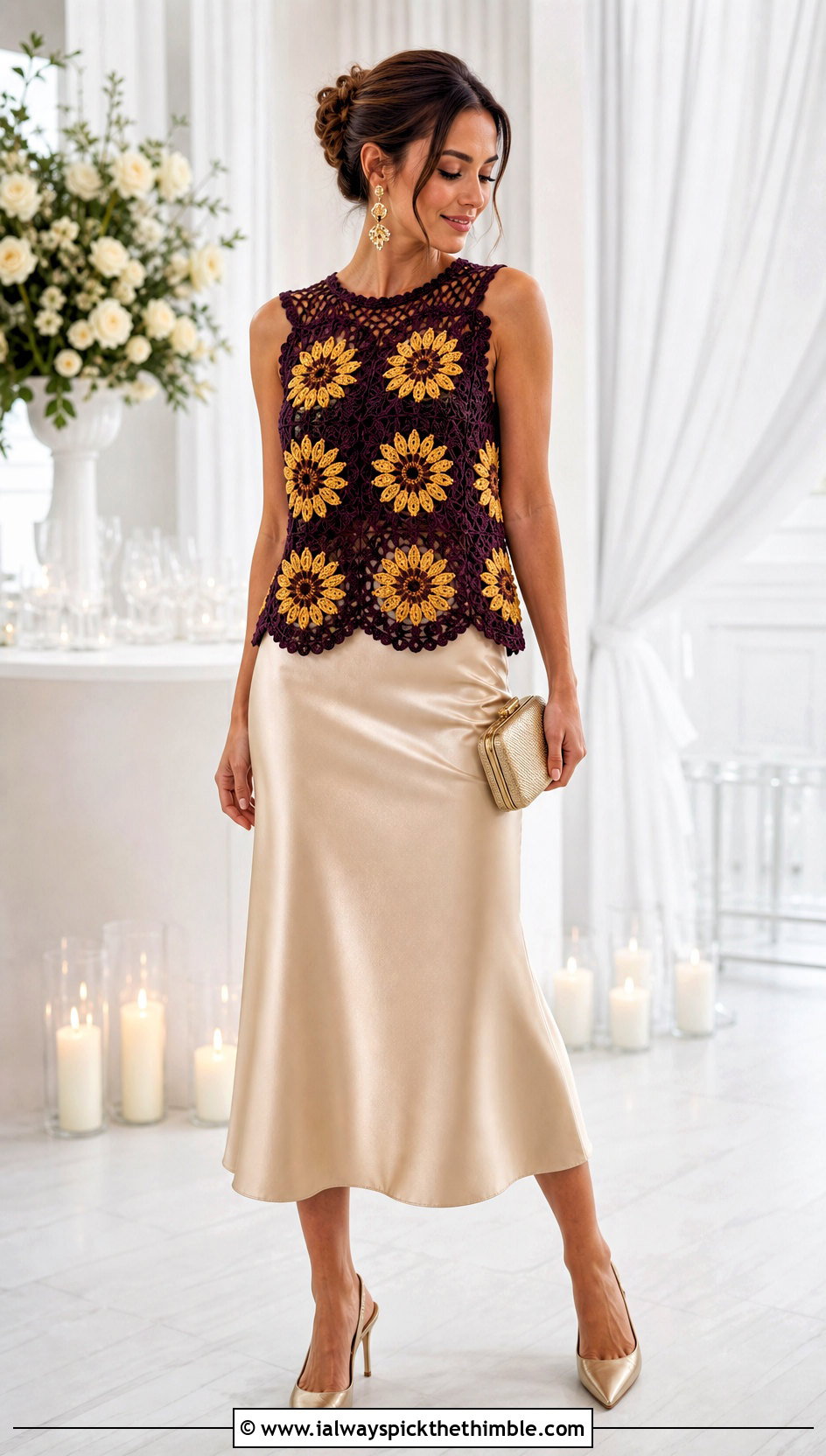 Sunflower Crochet Lace Top With Satin Midi Skirt - 20 sunflower crochet top outfit ideas