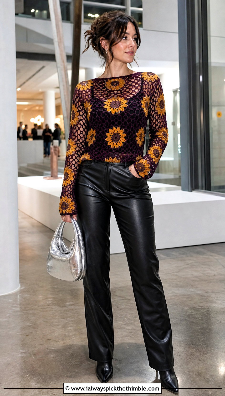 Sunflower Crochet Long Sleeve Mesh Top With Leather Pants - 25 crochet sunflower top outfit ideas