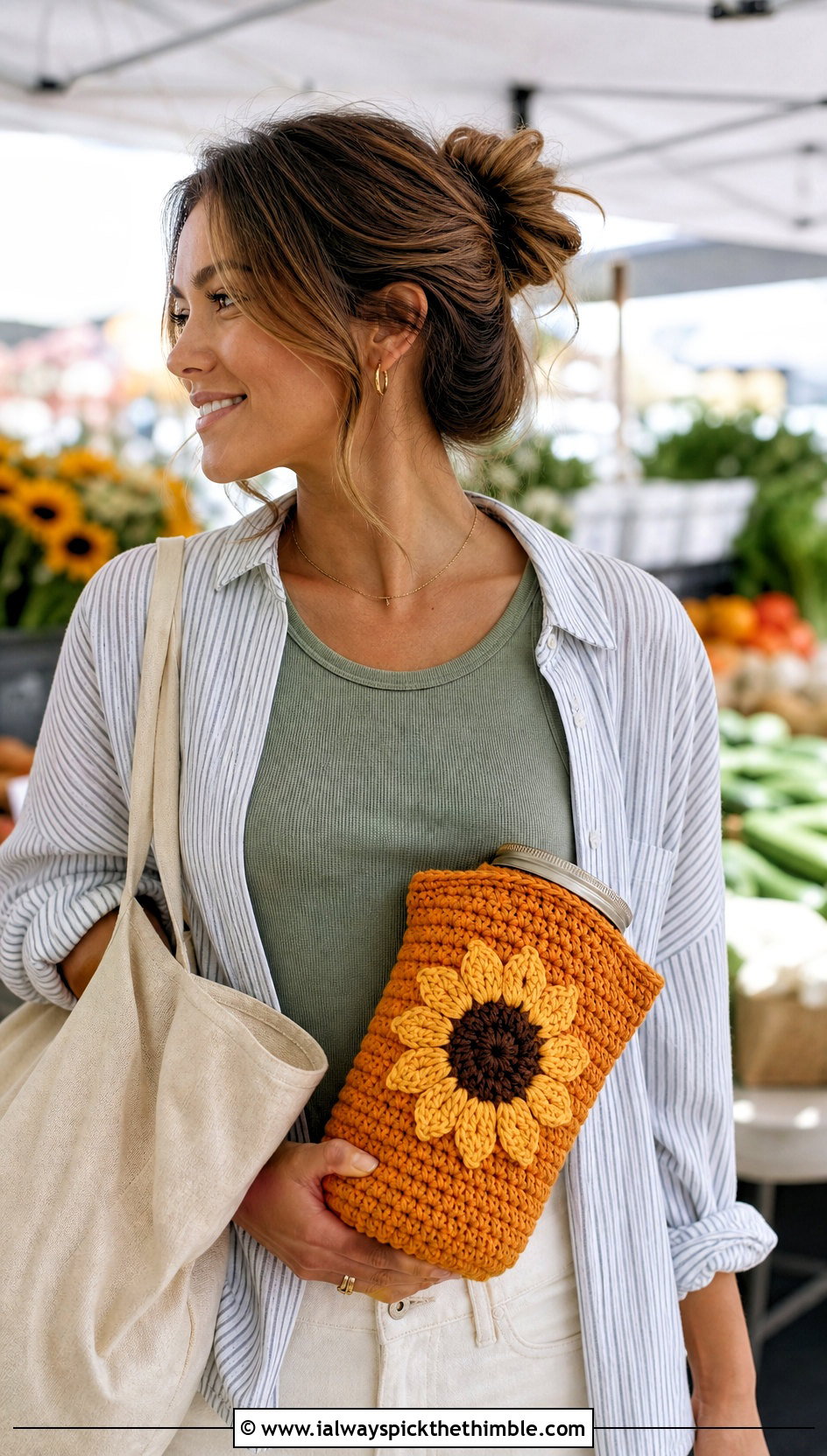 Sunflower Crochet Mason Jar Sweater With Market Outfit - 20 Crochet Mason Jar Sweater outfit ideas