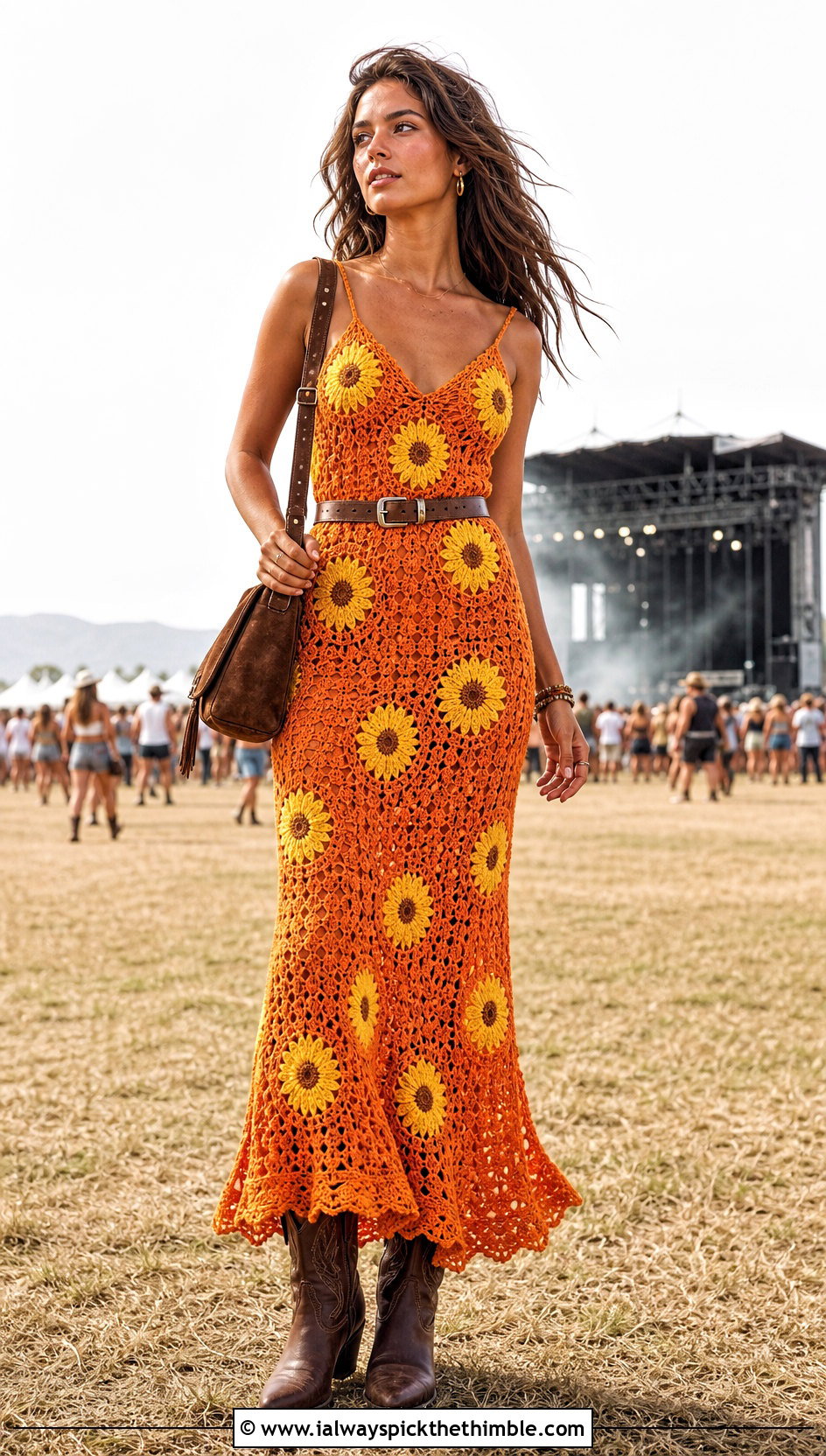 Sunflower Crochet Maxi Dress With Cowboy Boots - 15 floral crochet maxi dress outfit ideas