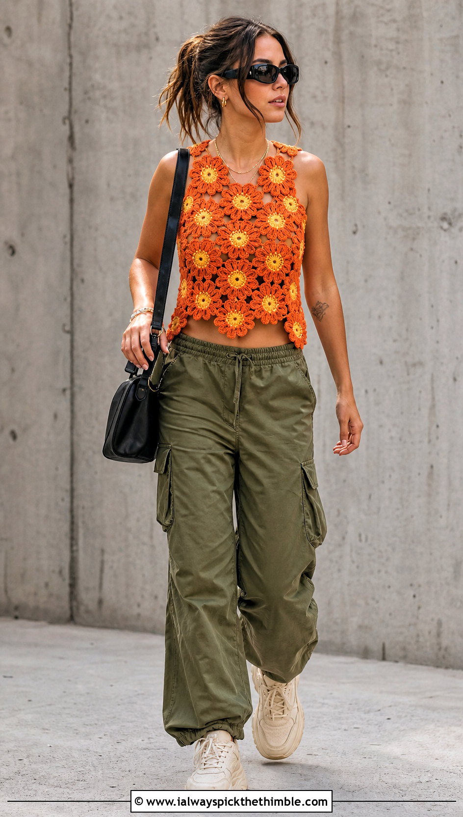 Sunflower Crochet Motif Top With Cargo Pants - 20 crochet motif top outfit ideas
