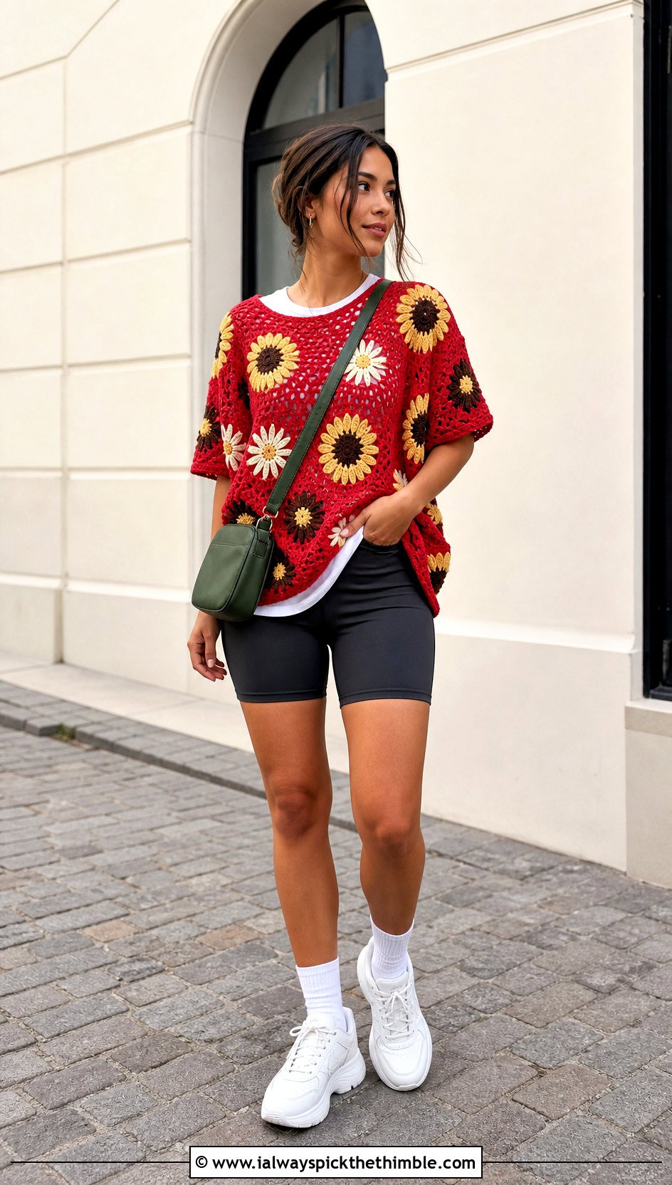 Sunflower Crochet Oversized Tee With Bike Shorts - 25 crochet sunflower top outfit ideas