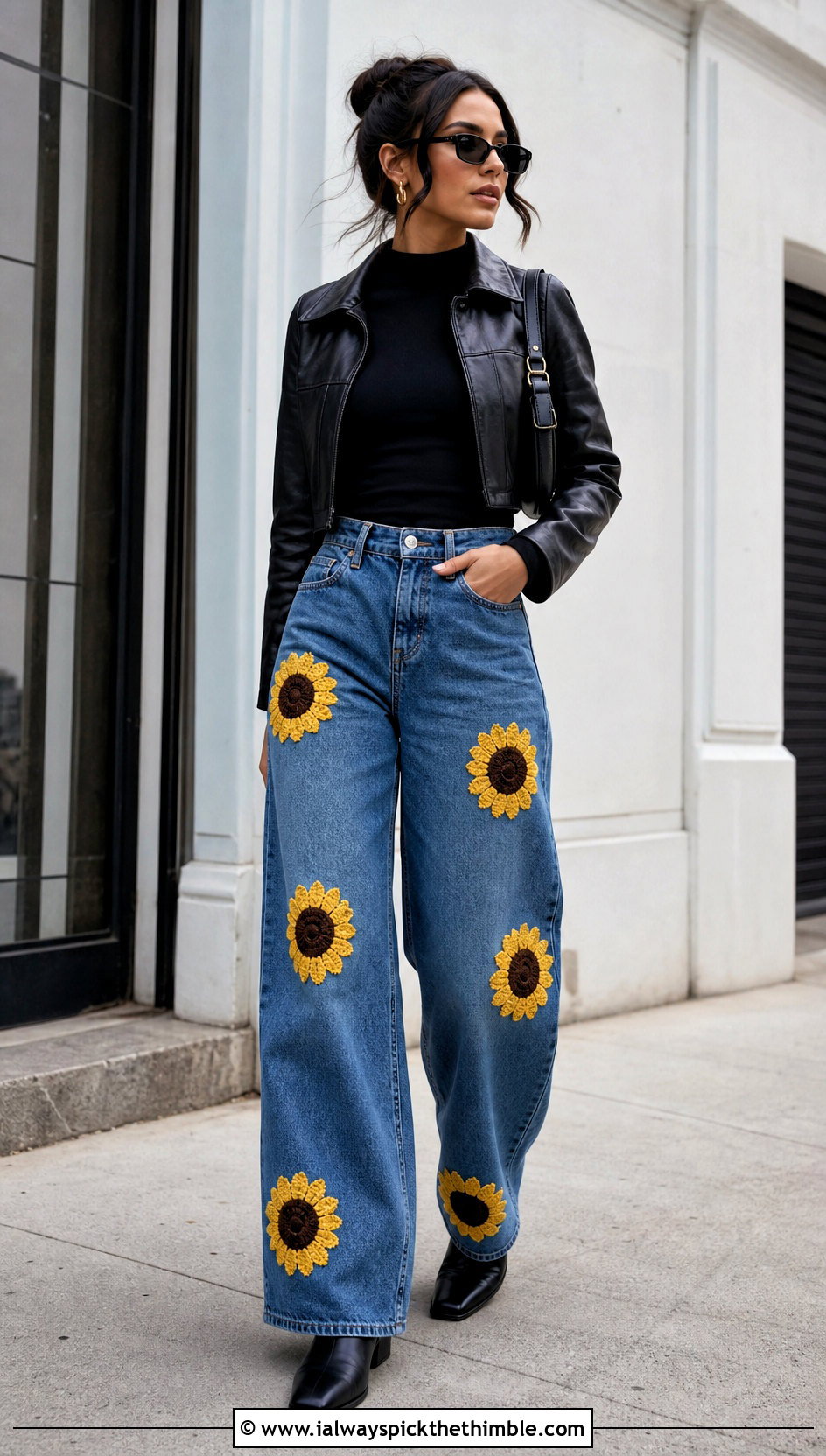 Sunflower Crochet Patch Wide Leg Jeans Outfit - 20 crochet patches on clothes and outfit ideas