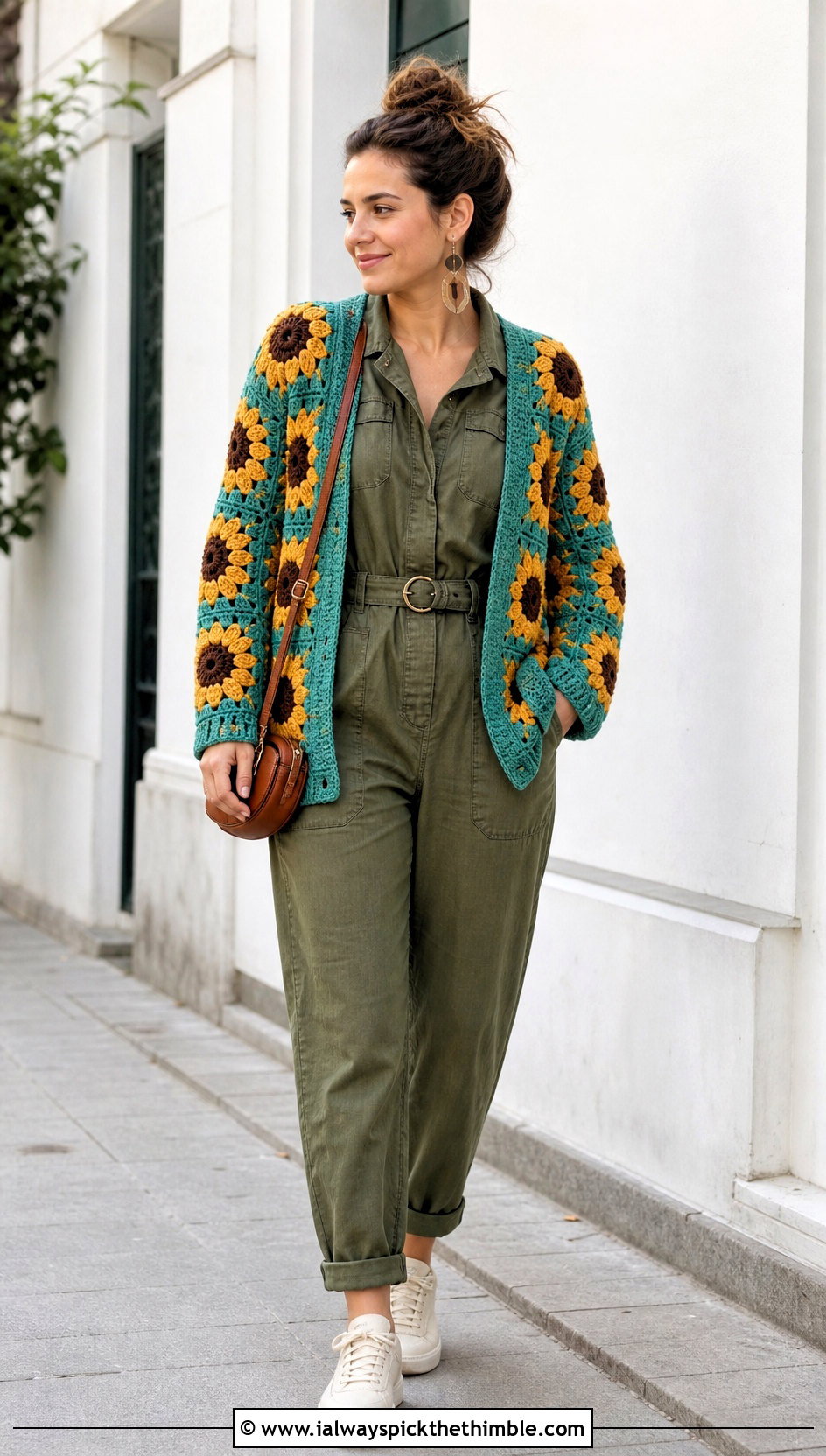 Sunflower Crochet Patched Cardigan With Utility Jumpsuit - 20 Crochet Patched Cardigan outfit ideas