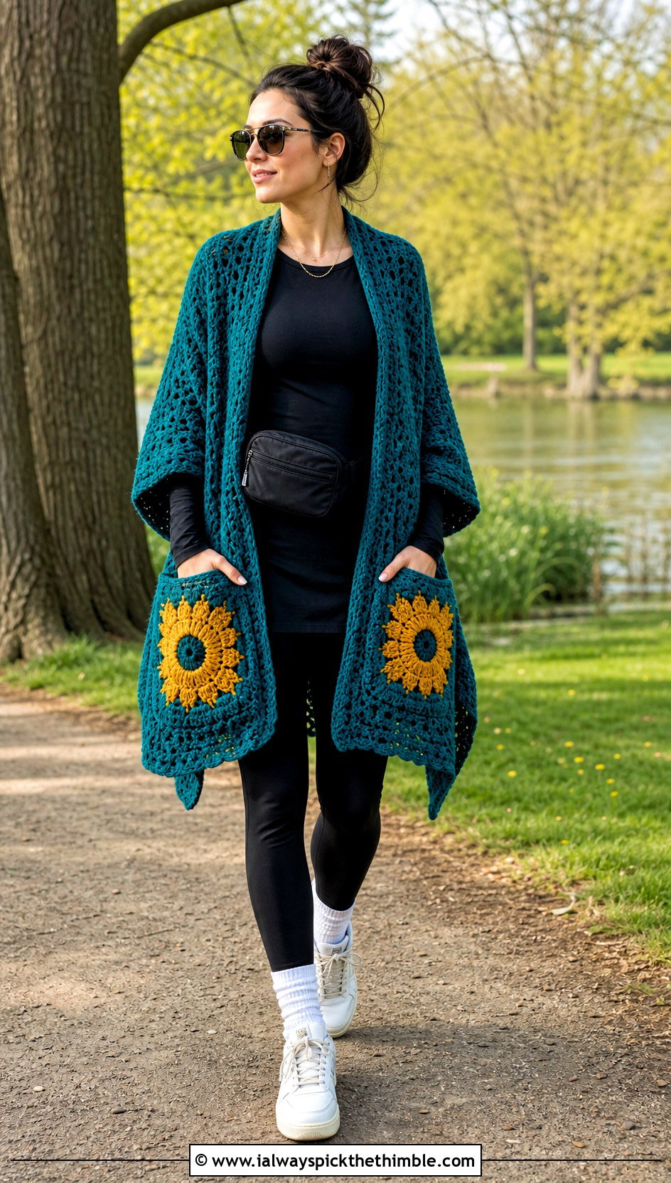 Sunflower Crochet Pocket Shawl With Leggings And Sneakers - 20 Sunflower Crochet Shawl outfit ideas