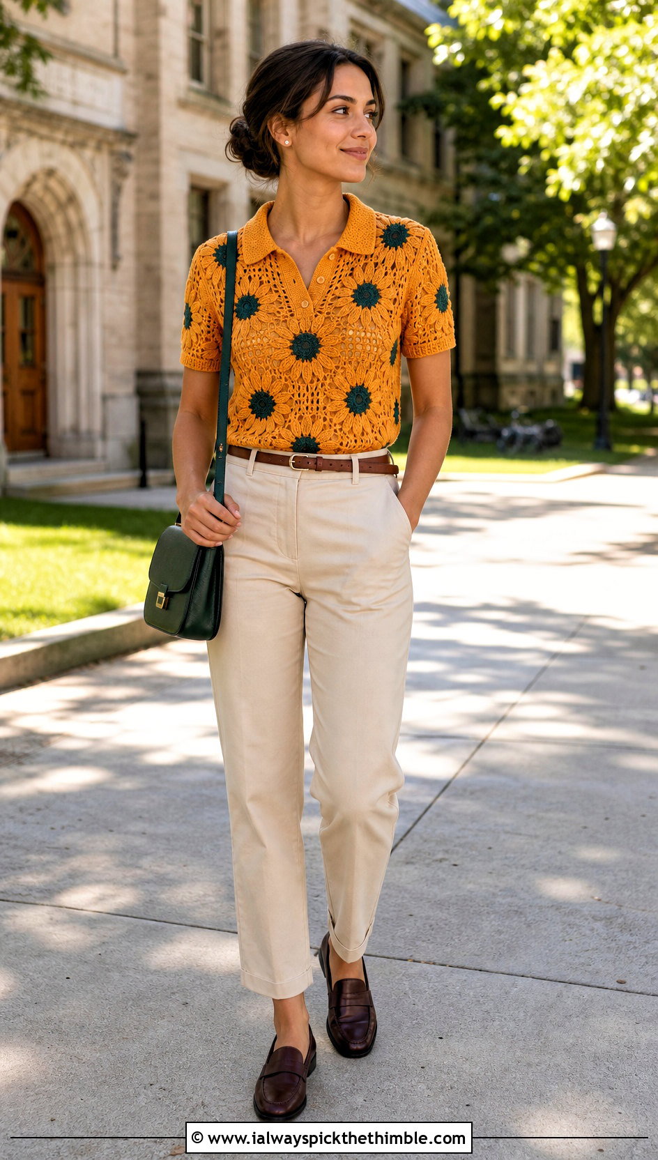 Sunflower Crochet Polo Top With Chino Pants - 25 crochet sunflower top outfit ideas