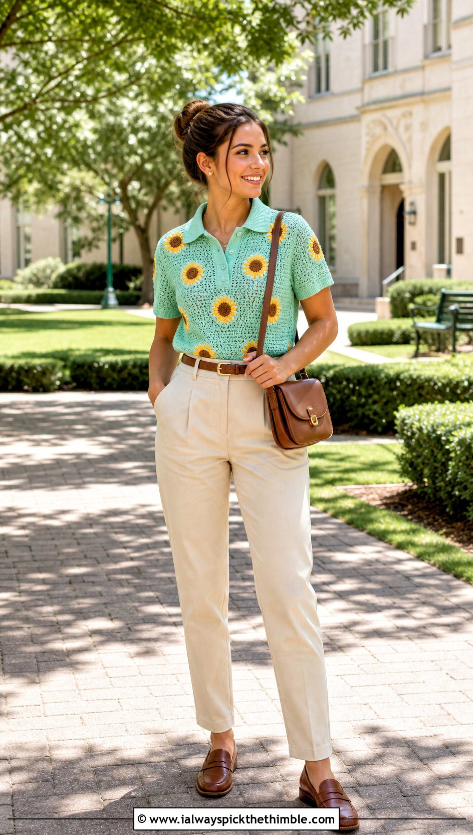 Sunflower Crochet Polo Top With Chino Pants - 20 sunflower crochet top outfit ideas