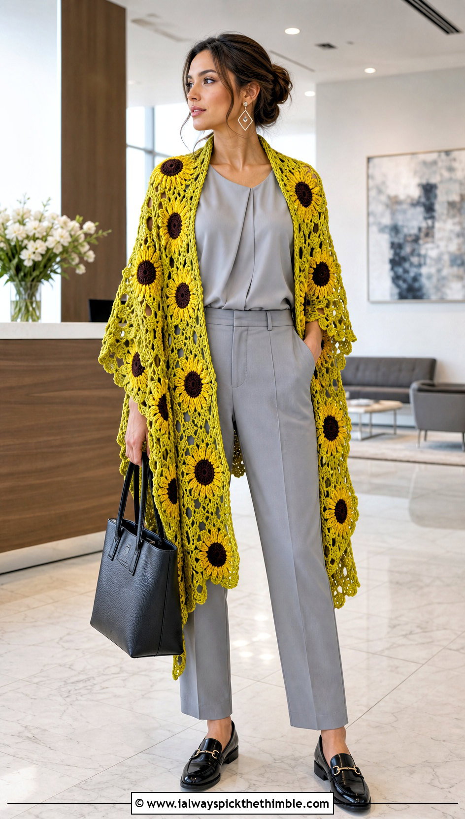 Sunflower Crochet Ruana Shawl With Monochrome Workwear - 20 Sunflower Crochet Shawl outfit ideas