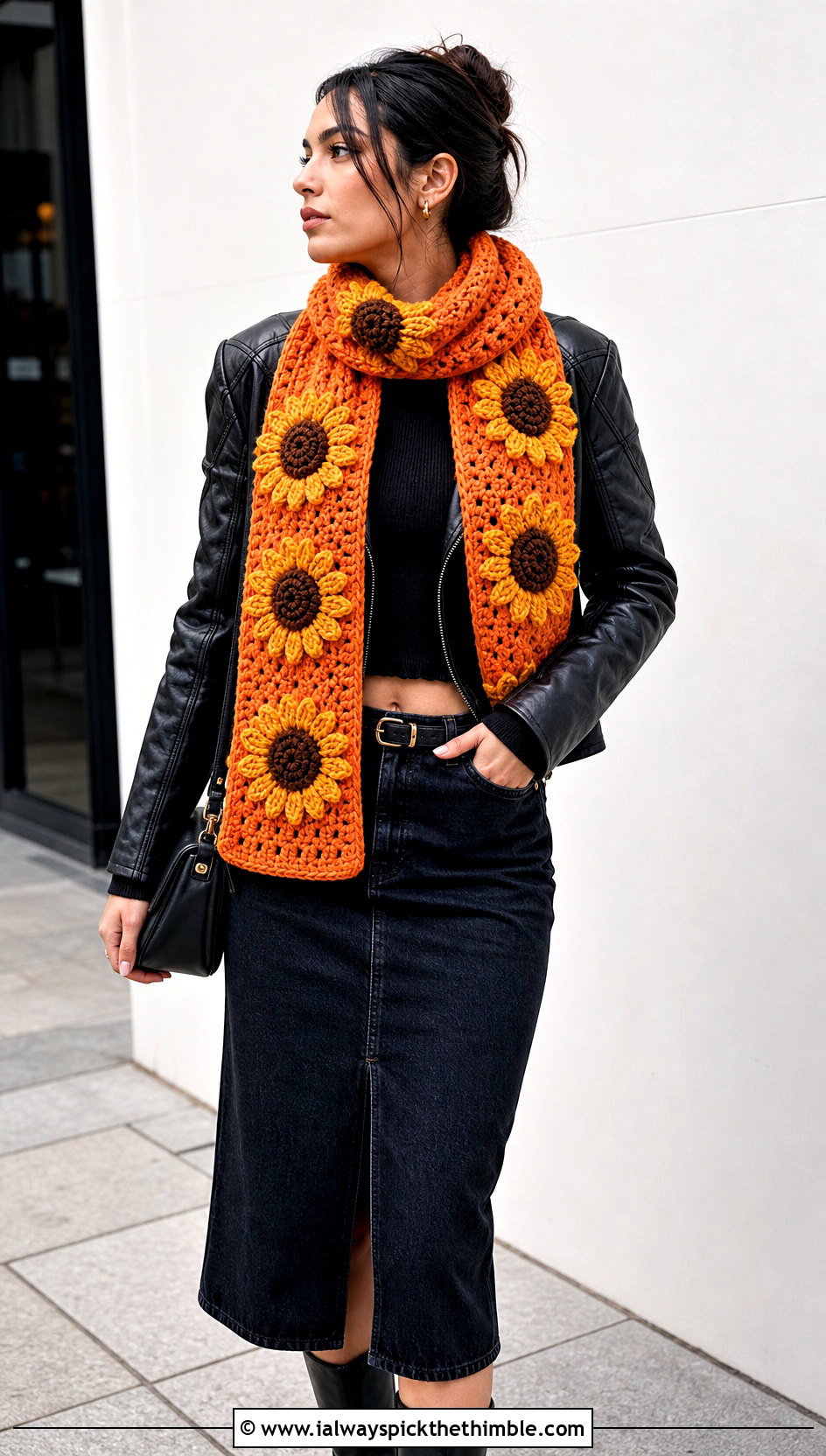 Sunflower Crochet Scarf With Leather Jacket And Midi Skirt - 20 crochet scarf with flowers outfit ideas