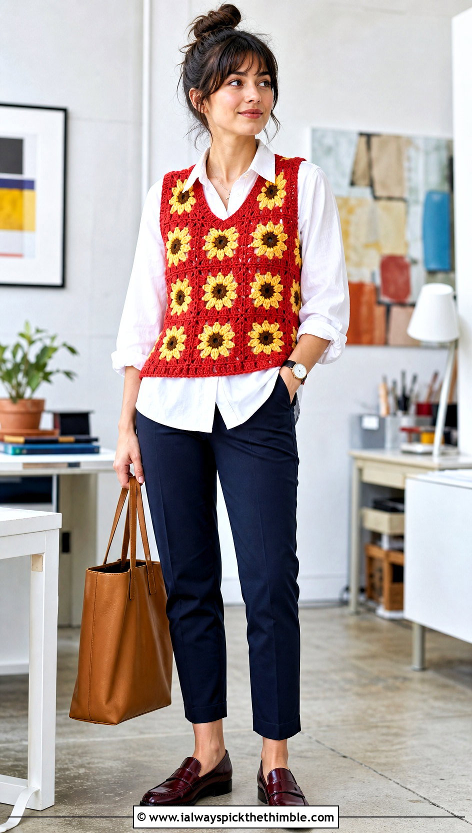 Sunflower Crochet Vest Top With White Button Down Shirt - 25 crochet sunflower top outfit ideas