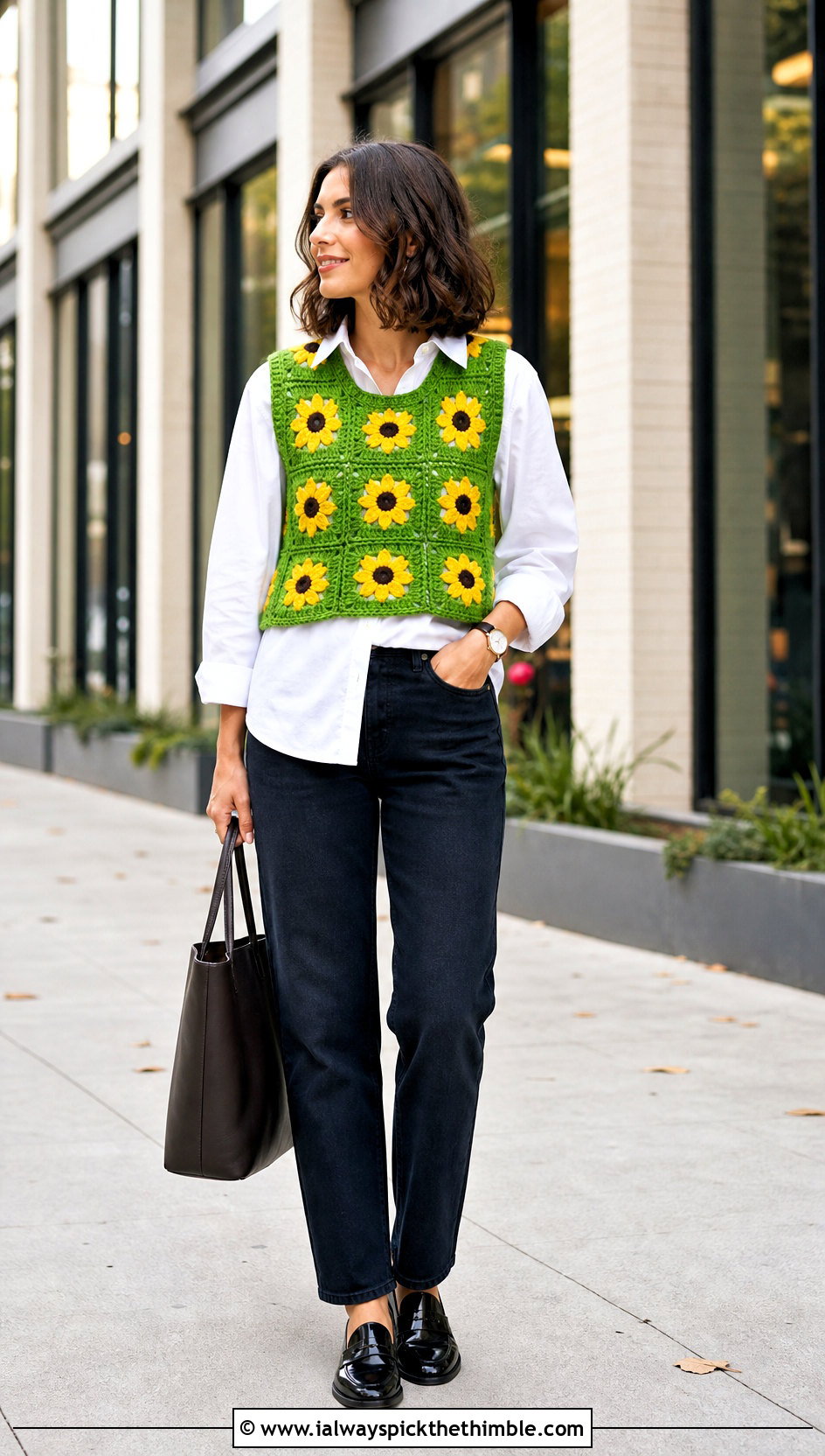 Sunflower Crochet Vest Top With White Button Down Shirt - 20 sunflower crochet top outfit ideas