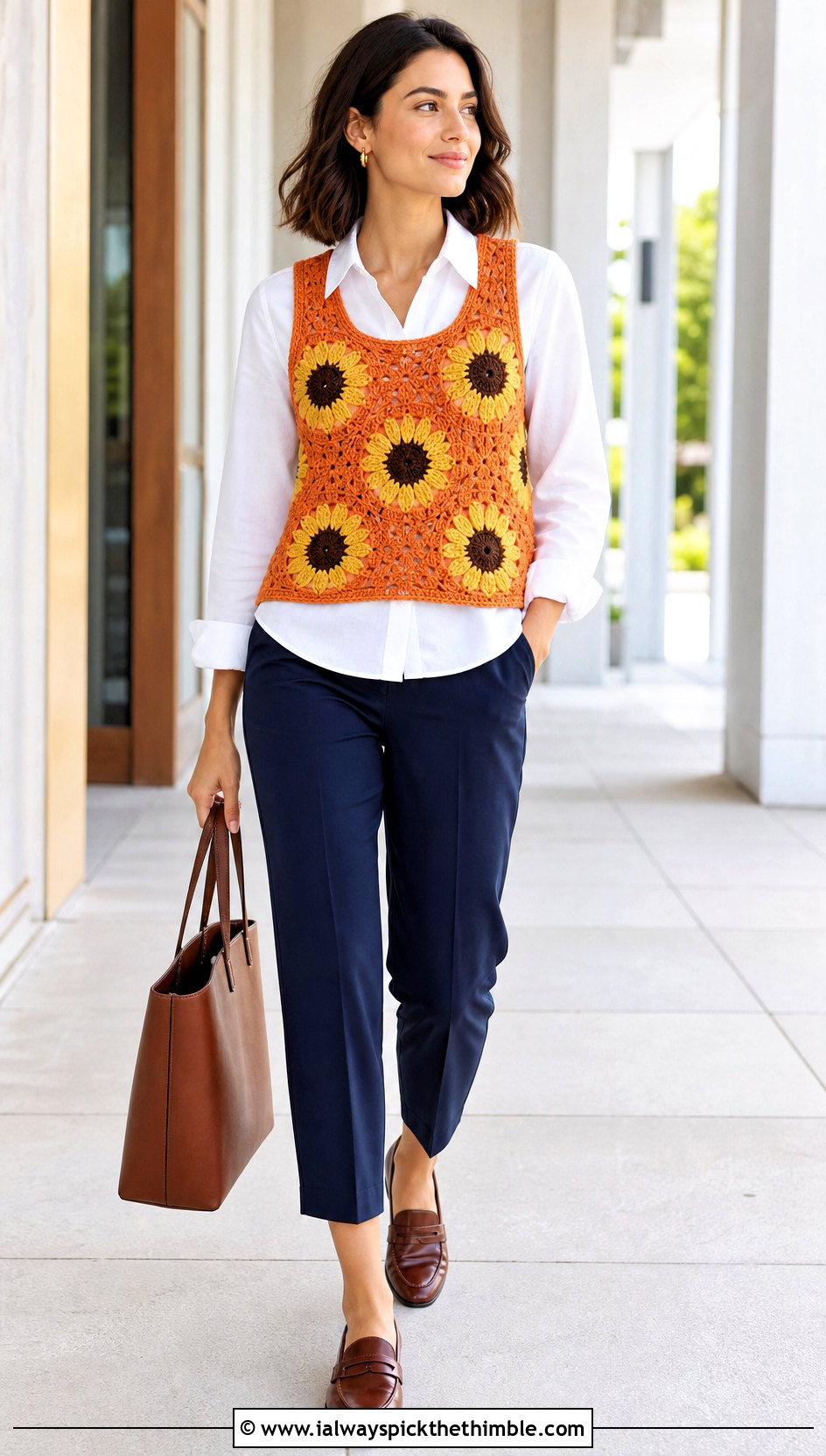 Sunflower Crochet Vest Top With White Shirt And Loafers - 25 floral crochet top outfit ideas