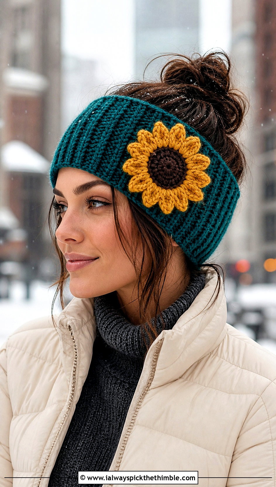 Sunflower Crocheted Ear Warmer Headband With Puffer Jacket - 15 colorful crocheted headband with flower outfit ideas
