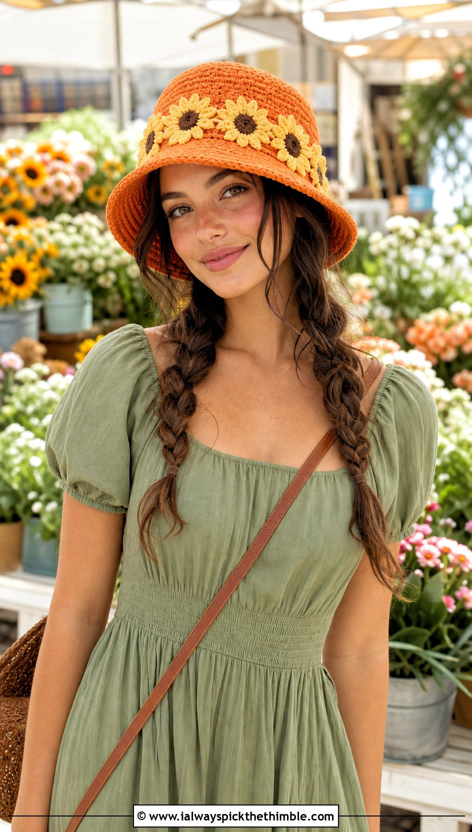 Sunflower Crown Bucket Hat With Prairie Midi Dress - 25 crochet sunflower bucket hat outfit ideas