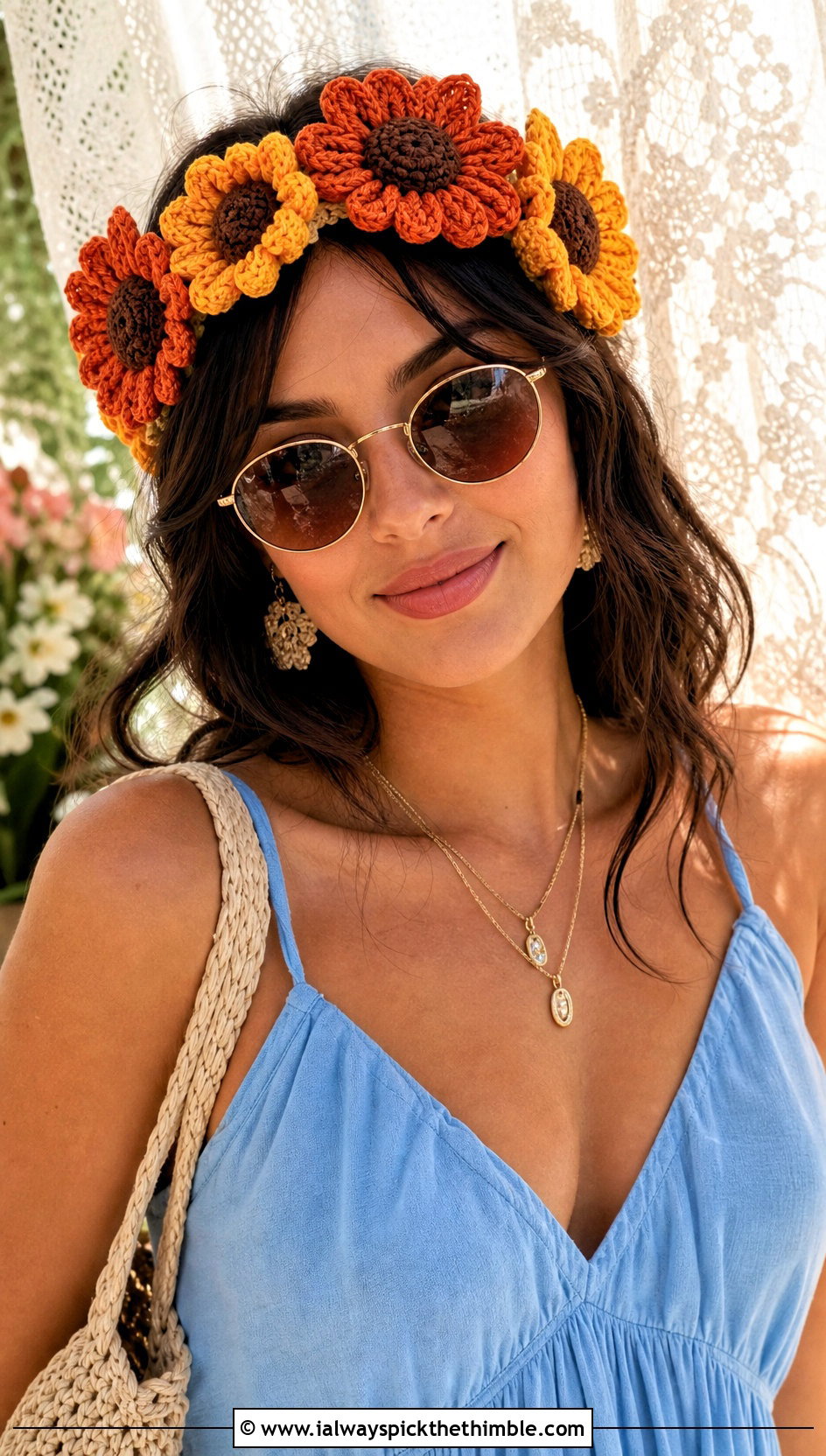 Sunflower Crown Crochet Flower Headband With Sundress - 15 crochet flower headband on lace background outfit ideas