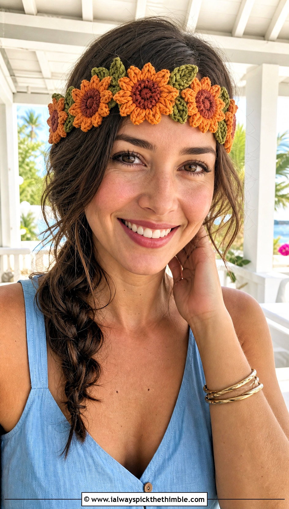 Sunflower Crown Crochet Headband With Linen Jumpsuit - 20 Crochet Sunflower Headband outfit ideas