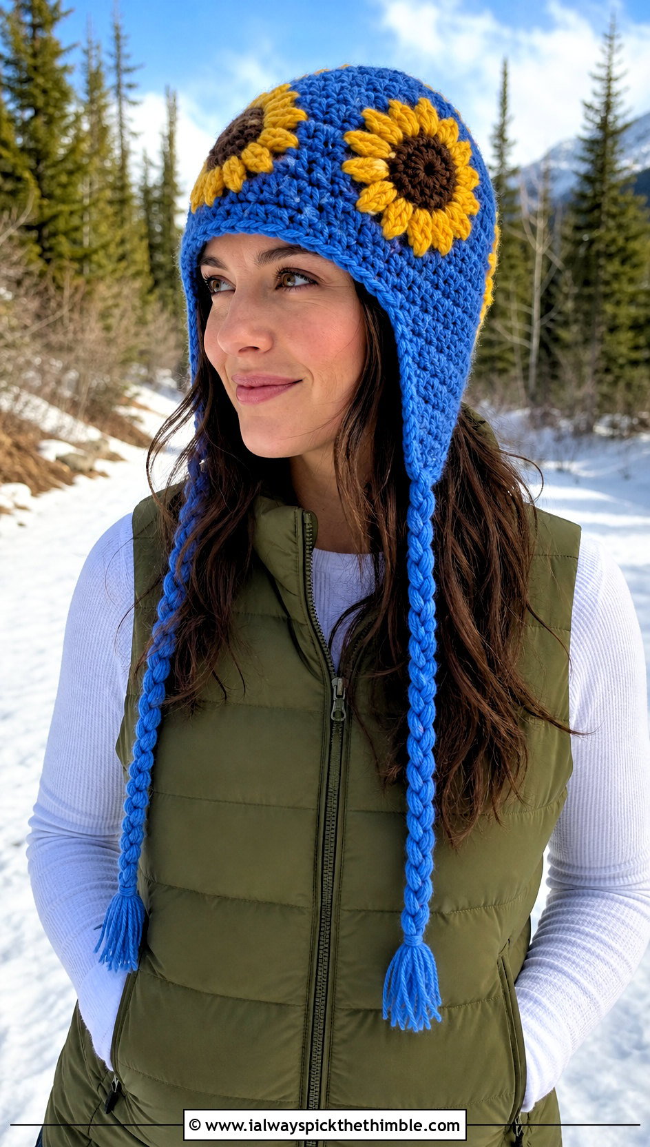 Sunflower Earflap Crochet Hat With Puffer Vest - 15 Handmade Crochet Sunflower Hat outfit ideas