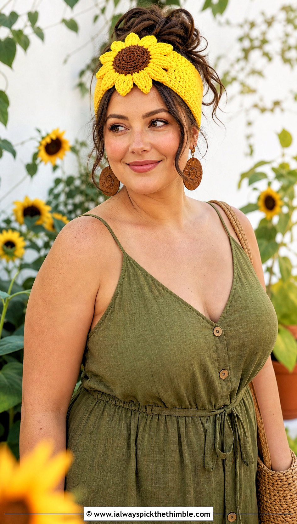 Sunflower Elastic Crochet Headband With Linen Dress - 25 flower crochet headband outfit ideas