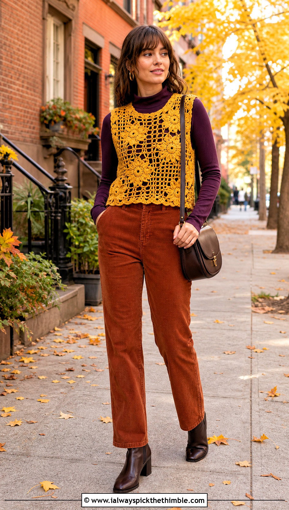 Sunflower Filet Crochet Vest With Corduroy Pants - 25 filet crochet vest outfit ideas