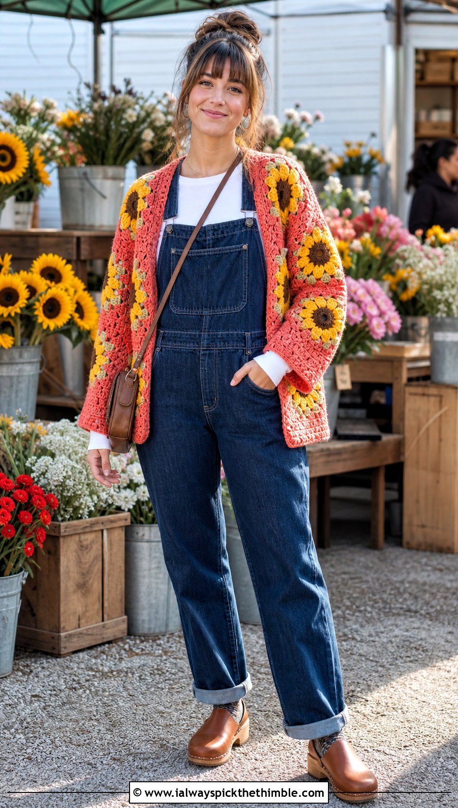 Sunflower Giant Granny Square Cardigan With Overalls - 25 giant granny square cardigan outfit ideas