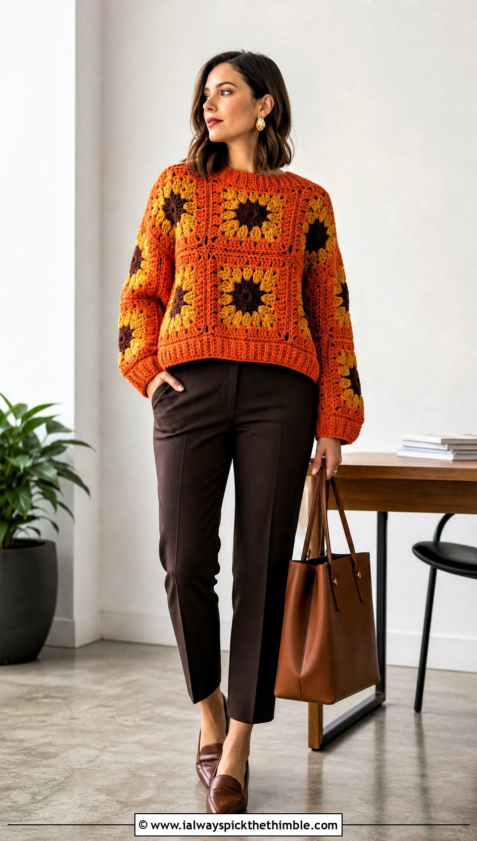 Sunflower Giant Granny Square Sweater With Tailored Ankle Pants - 20 giant granny square sweater outfit ideas