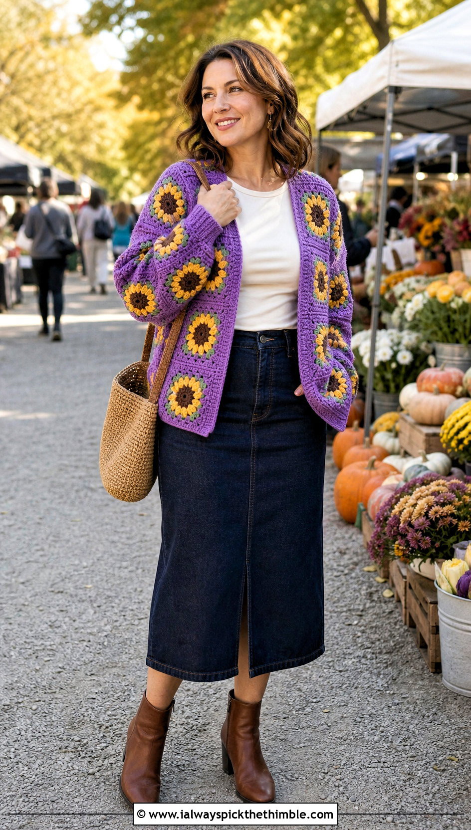 Sunflower Granny Cardigan With Denim Midi Skirt - 25 crochet granny cardigan outfit ideas