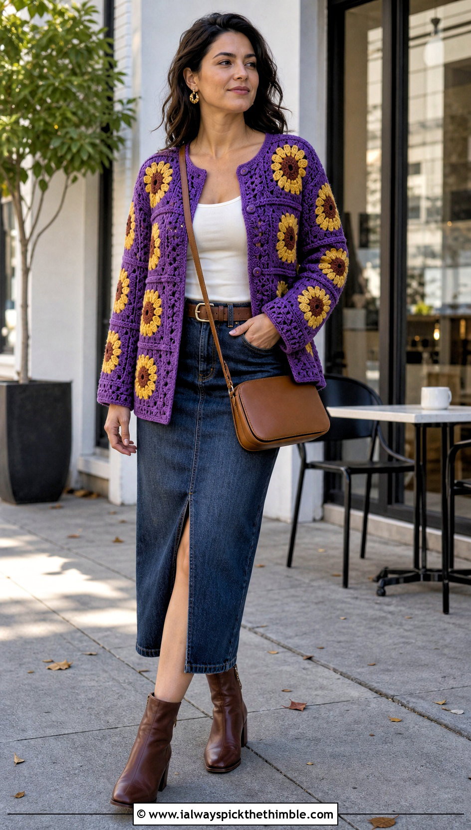 Sunflower Granny Crochet Cardigan With Denim Midi Skirt - 20 granny crochet sweater outfit ideas