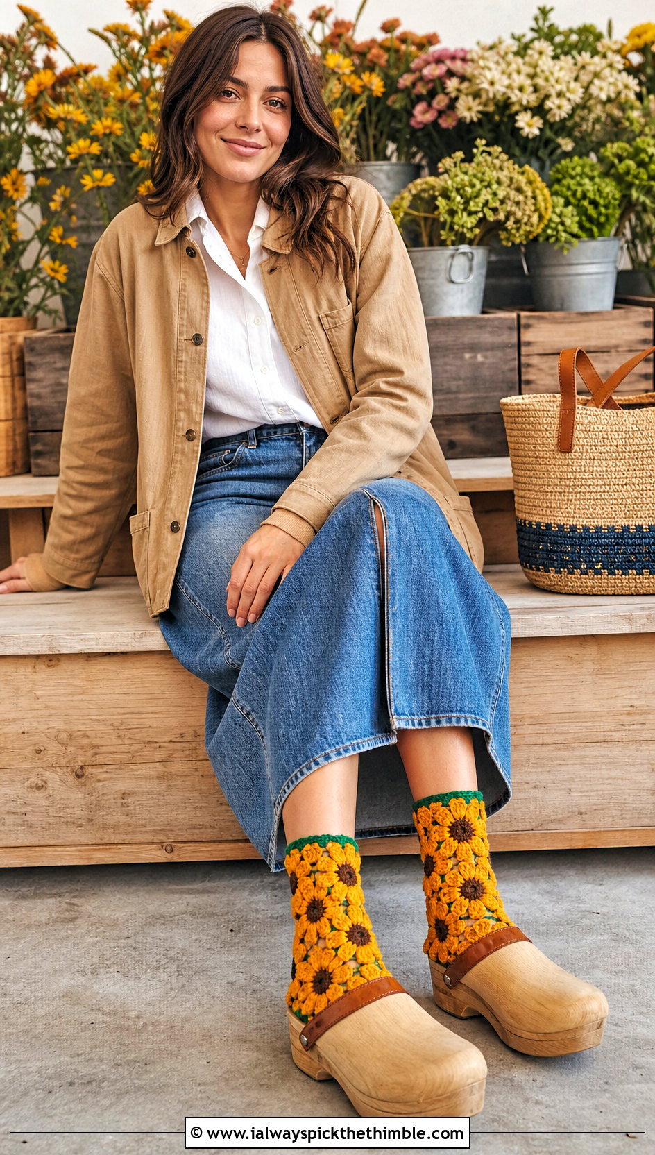 Sunflower Granny Socks With Denim Midi Skirt - 20 Crochet Granny Socks outfit ideas
