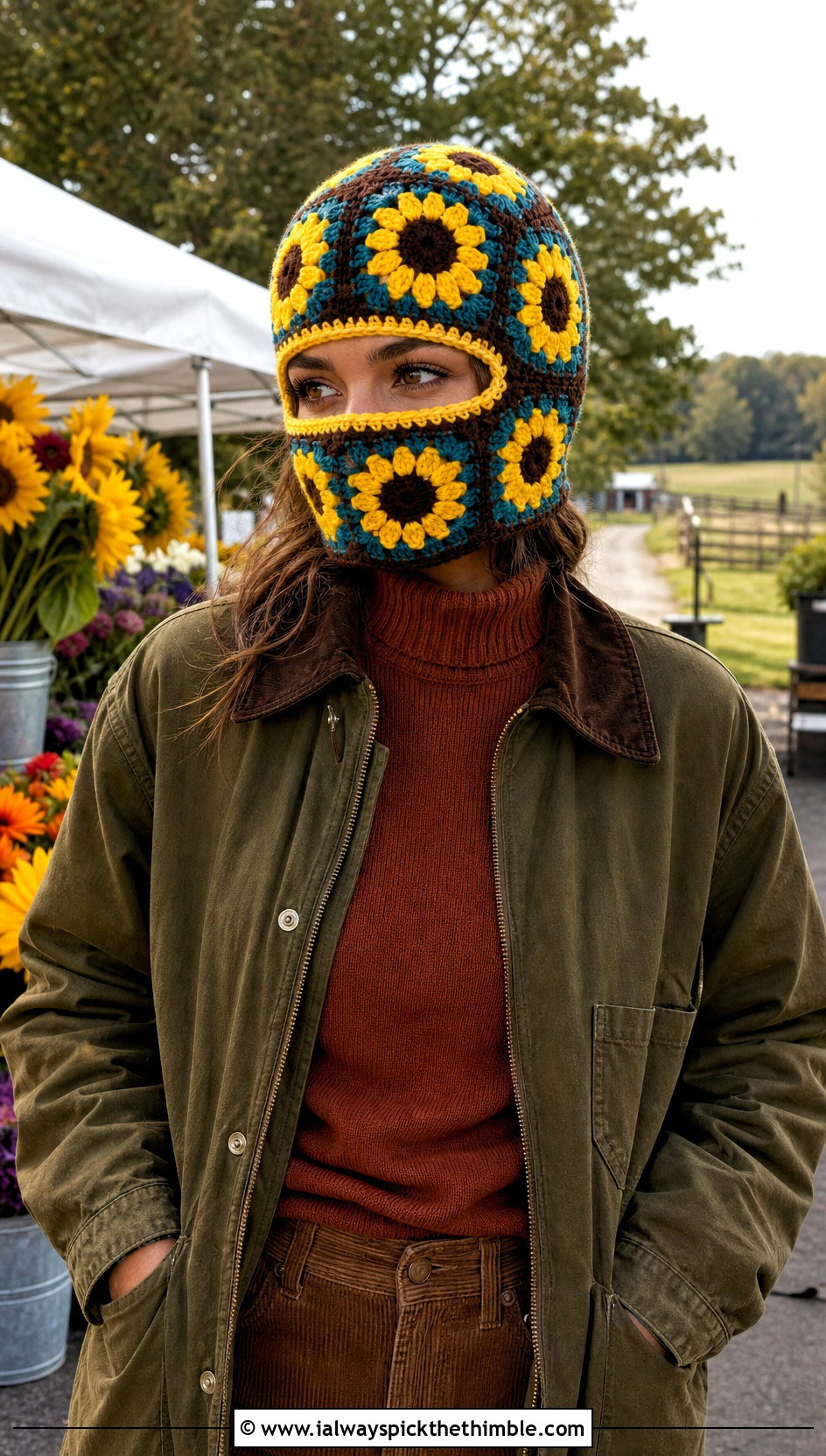 Sunflower Granny Square Balaclava With Barn Jacket And Corduroy Pants - 25 granny square balaclava outfit ideas