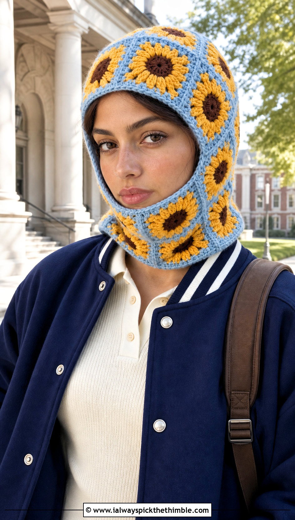 Sunflower Granny Square Balaclava With Varsity Jacket - 20 crochet granny square balaclava outfit ideas