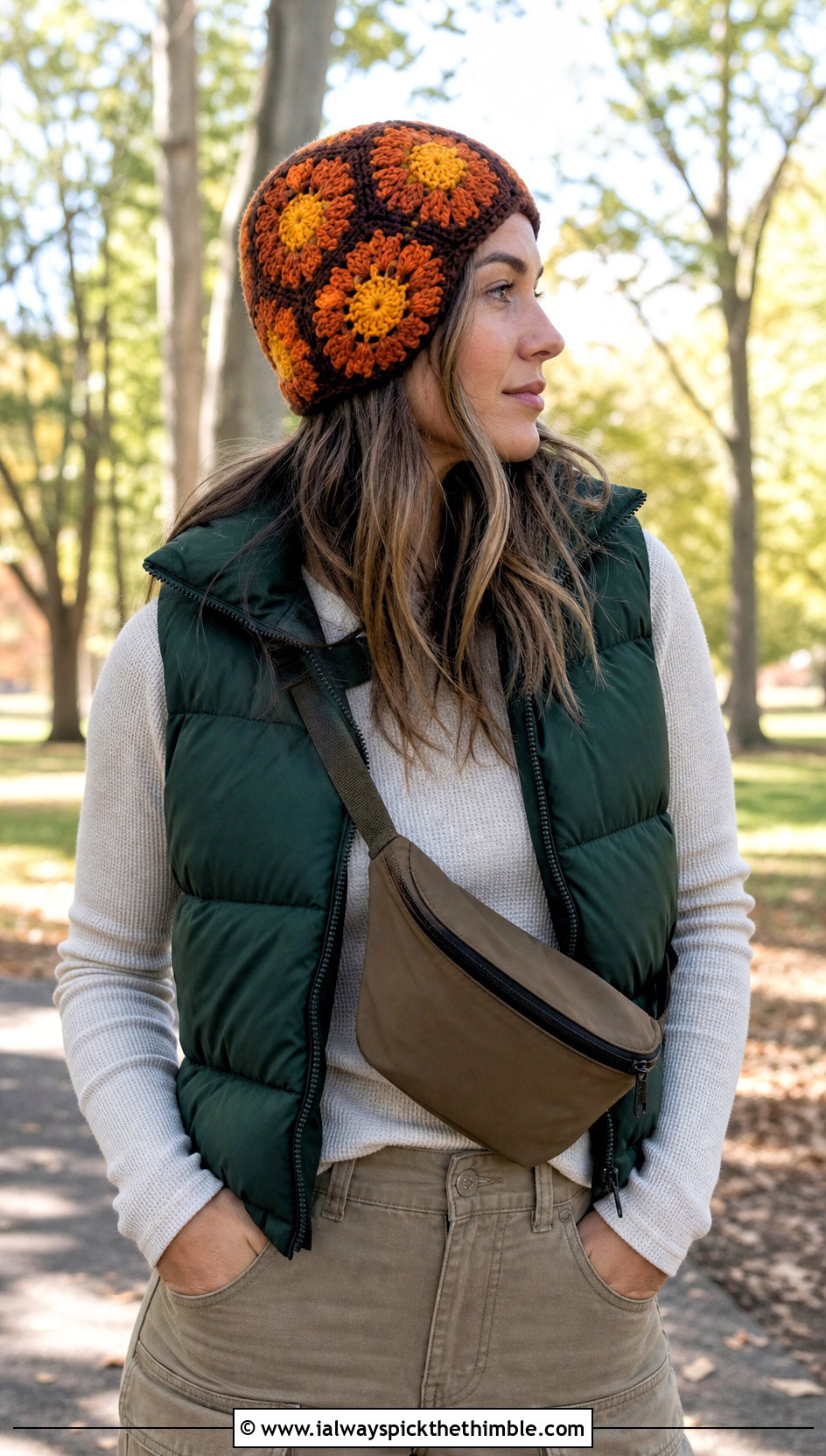 Sunflower Granny Square Beanie With Puffer Vest - 20 Easy Crochet Granny Square Hats outfit ideas