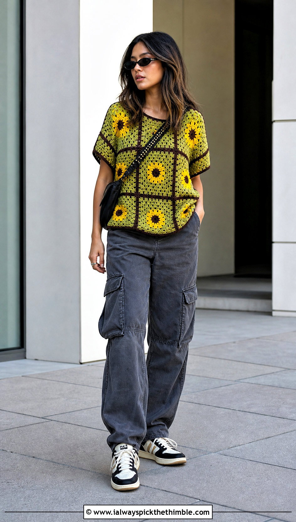 Sunflower Granny Square Boxy Top With Cargo Pants - 20 Sunflower Granny Square Top outfit ideas