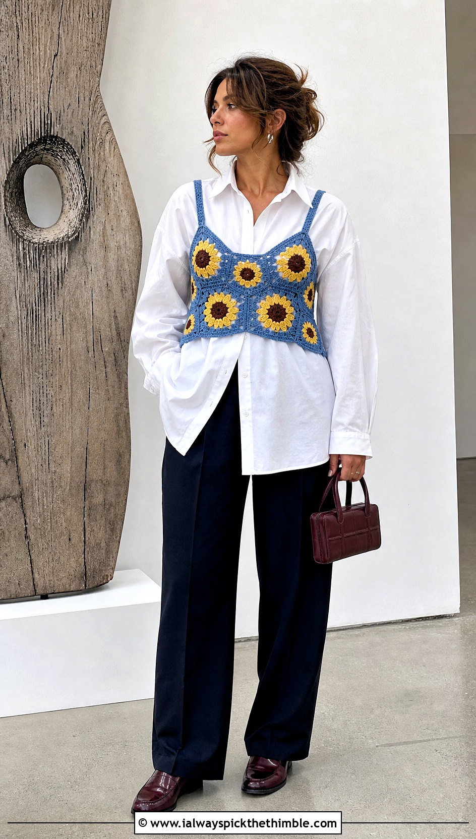 Sunflower Granny Square Bralette Top Over A Button Down Shirt - 20 Sunflower Granny Square Top outfit ideas
