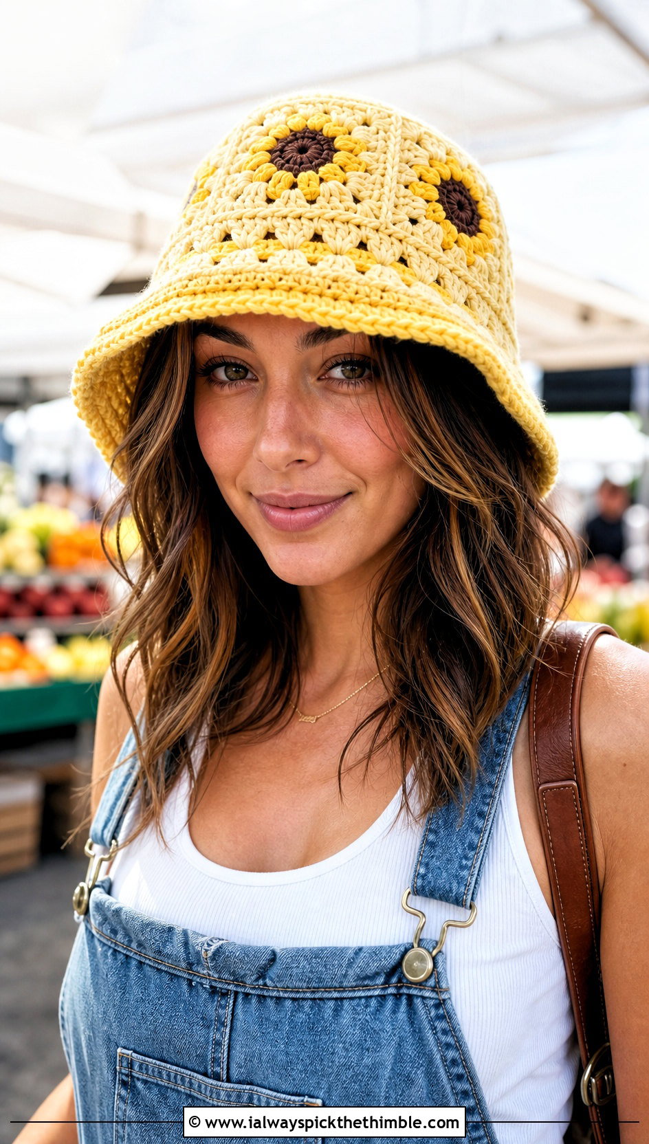 Sunflower Granny Square Bucket Hat With Denim Overalls - 25 Granny Square Bucket Hat outfit ideas