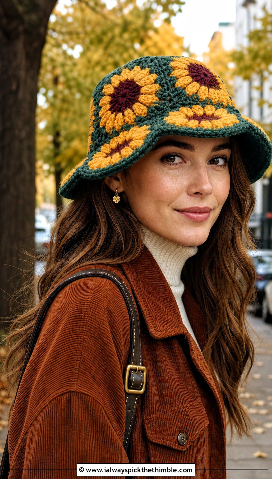 Sunflower Granny Square Bucket Hat With Fall Layers - 15 Crochet Granny Square Bucket Hat outfit ideas