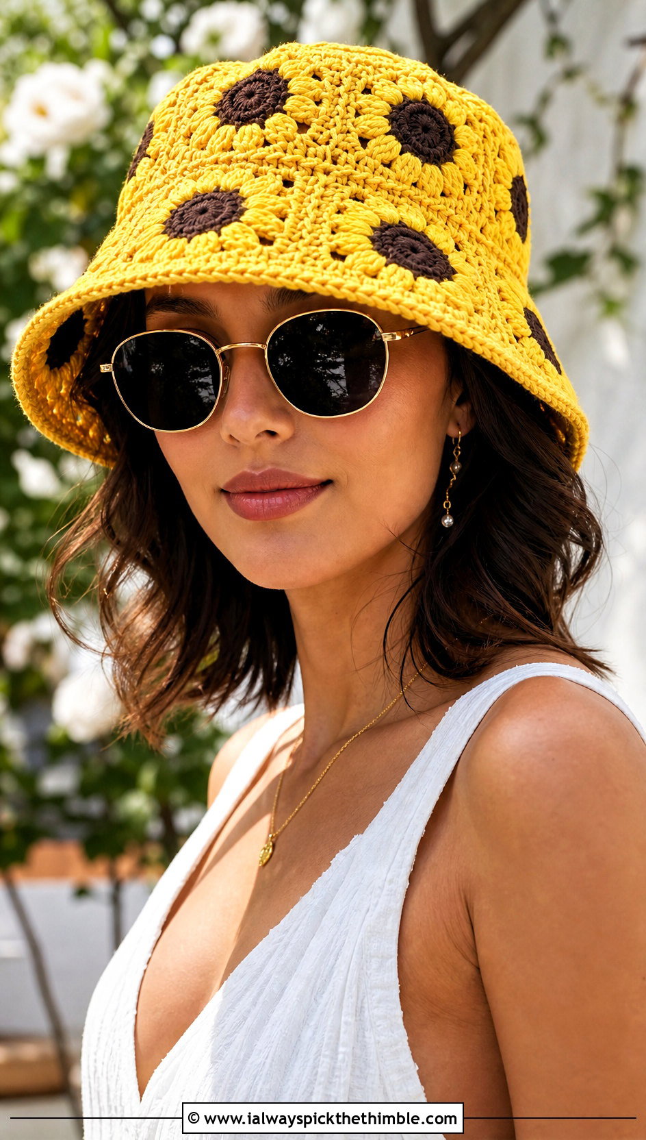 Sunflower Granny Square Bucket Hat With Linen Dress - 25 granny square hats outfit ideas