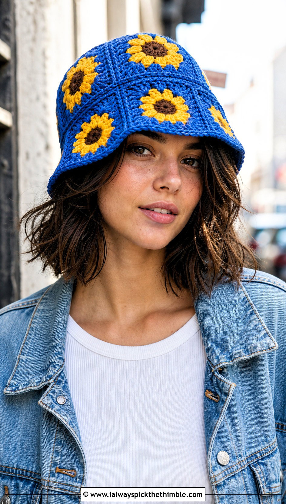 Sunflower Granny Square Bucket Hat With Wide Leg Jeans - 15 Handmade Crochet Sunflower Hat outfit ideas
