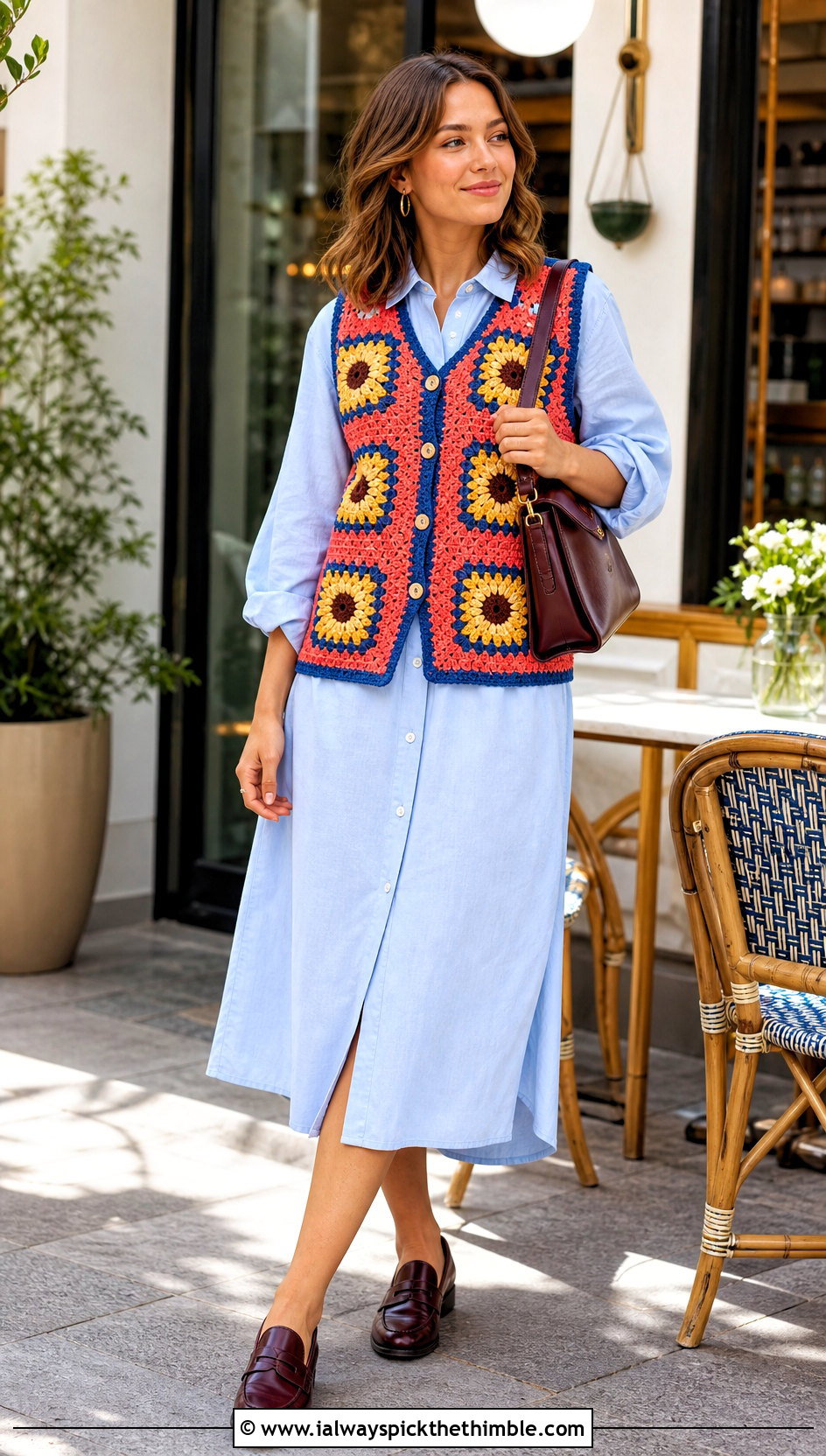 Sunflower Granny Square Button Front Vest Top With Shirt Dress - 20 Sunflower Granny Square Top outfit ideas