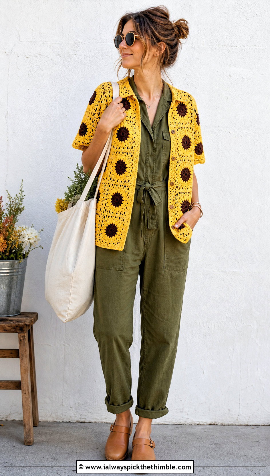 Sunflower Granny Square Button Up Shirt With Utility Jumpsuit - 20 Granny Square Button Up Shirt outfit ideas