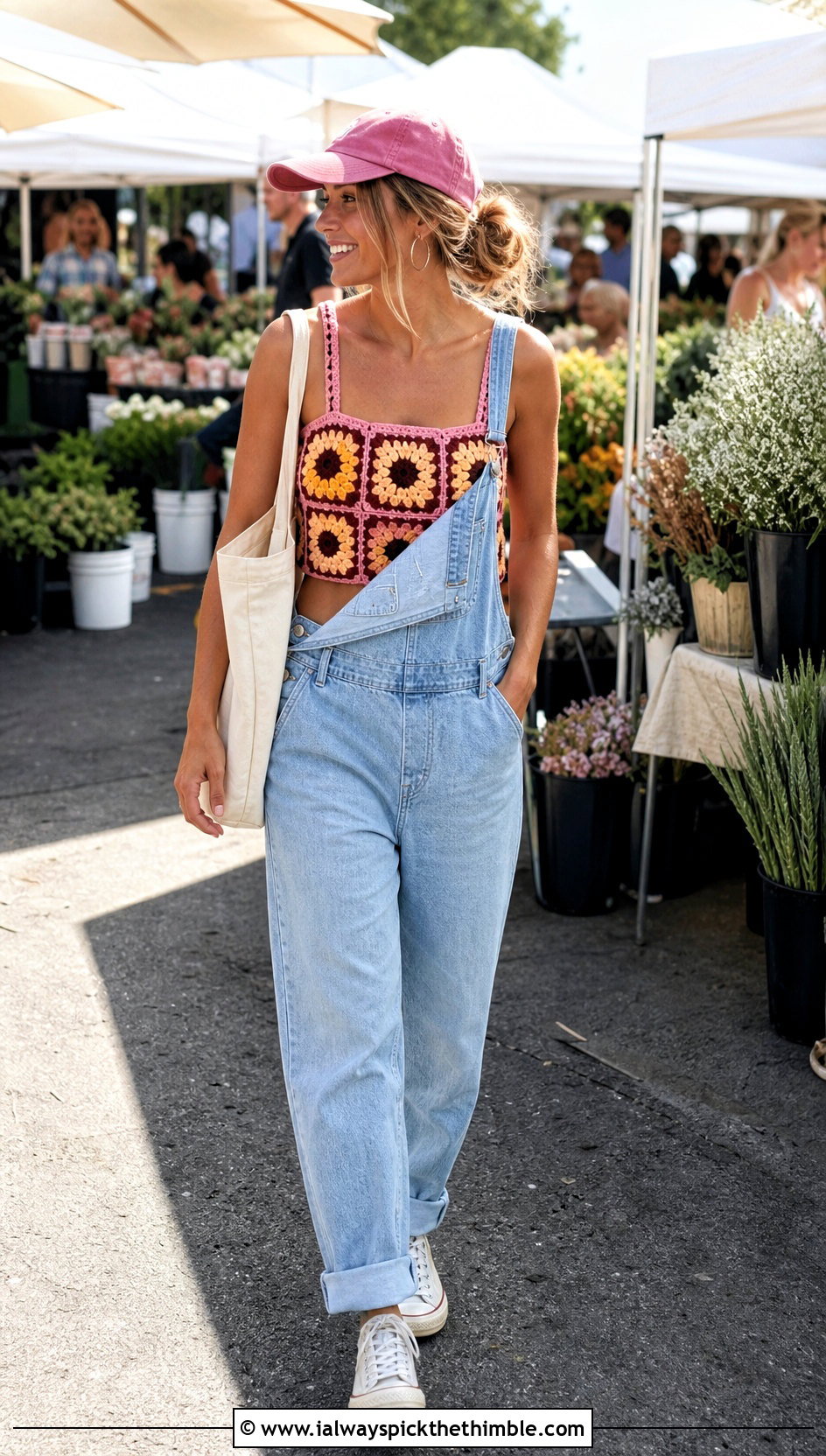 Sunflower Granny Square Cami Top With Denim Overalls - 20 Sunflower Granny Square Top outfit ideas