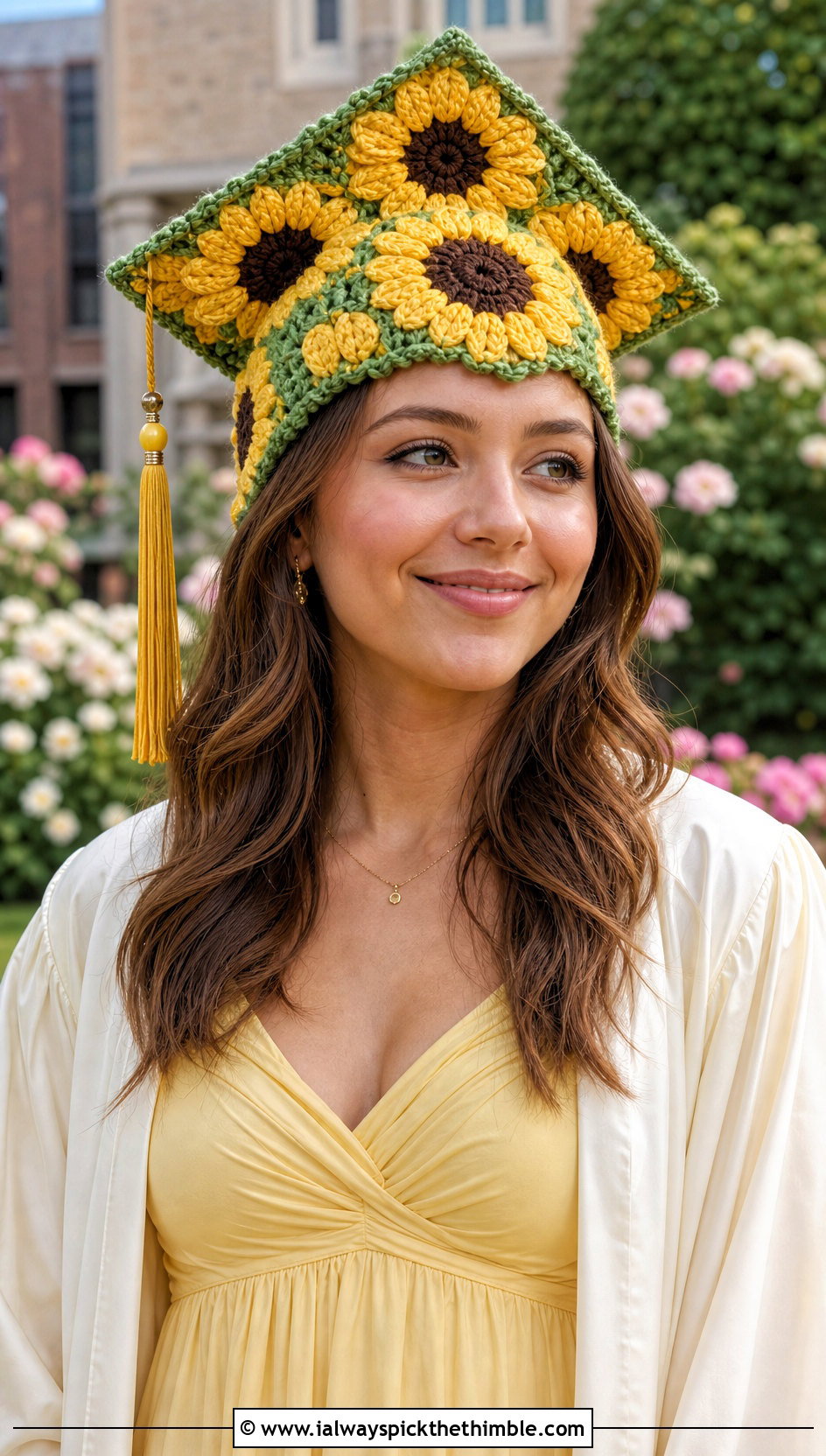Sunflower Granny Square Cap Cover With Yellow Midi Dress - 20 crochet graduation cap cover outfit ideas