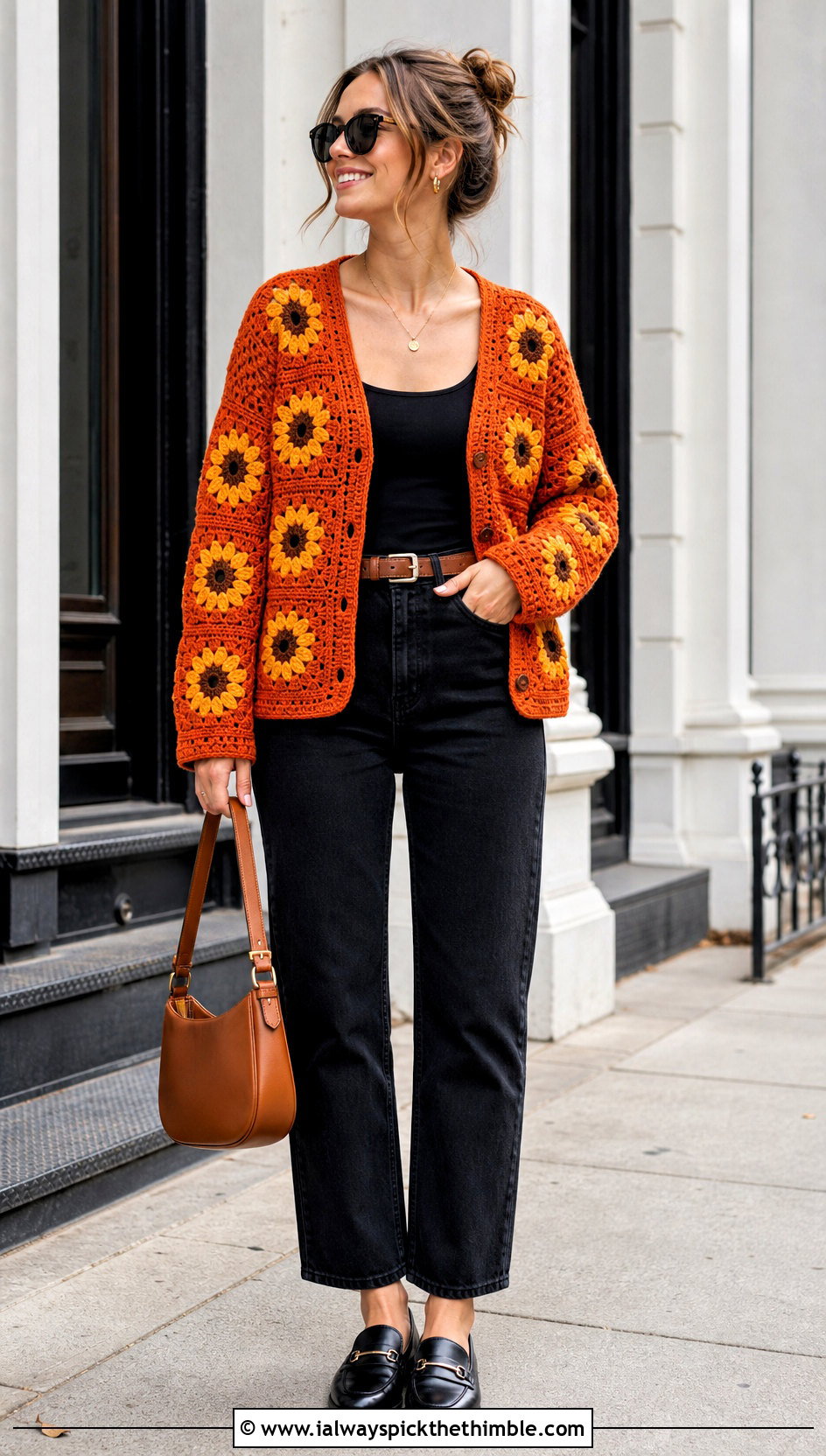 Sunflower Granny Square Cardigan With Black Denim - 25 Easy Simple Crochet Granny Square Cardigan outfit ideas