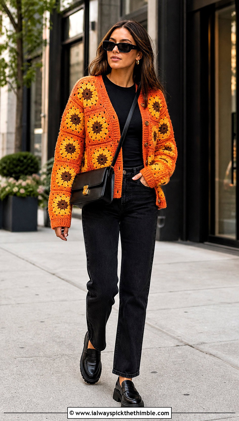 Sunflower Granny Square Cardigan With Black Denim - 15 Granny Square Cardigan Sweaters & Cardigans outfit ideas
