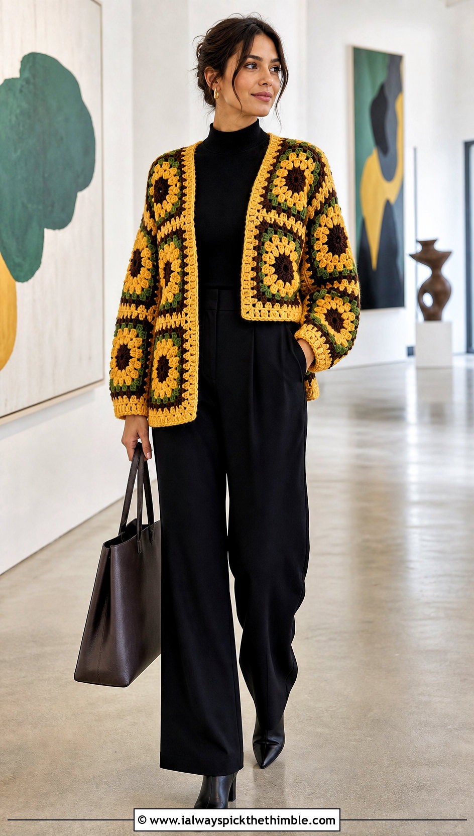 Sunflower Granny Square Cardigan With Black Wide Leg Pants - 20 cardigan with granny square outfit ideas